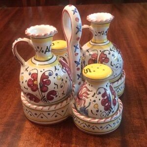 Vintage Italian Oil, Vinegar, Salt and Pepper Ceramic Caddy